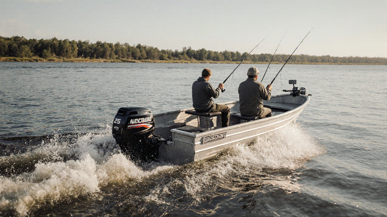Алюминиевая лодка с мотором 25 л.с. быстро движется по реке, оставляя брызги.