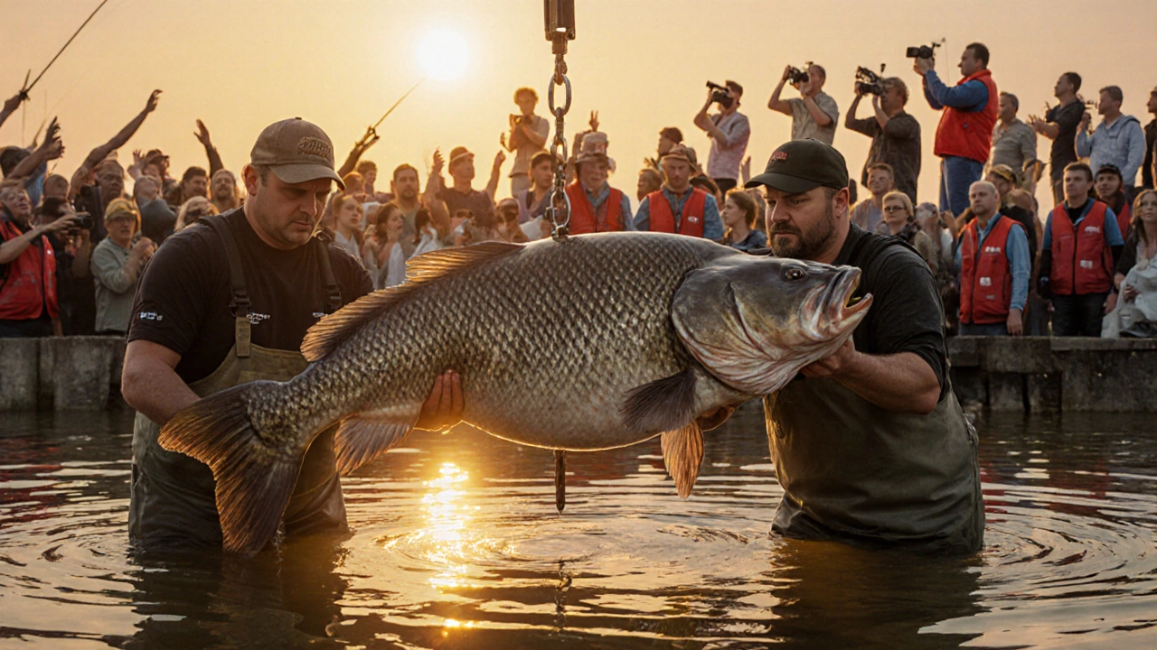 Чемпионат России по ловле сома на Волге: гигантская рыба на весах при закате.