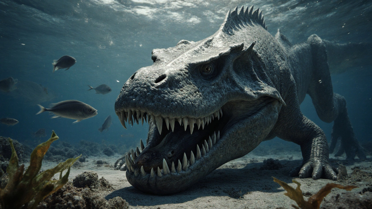 Гигантская плакодерма с костяными панцирями атакует добычу в древнем океане.