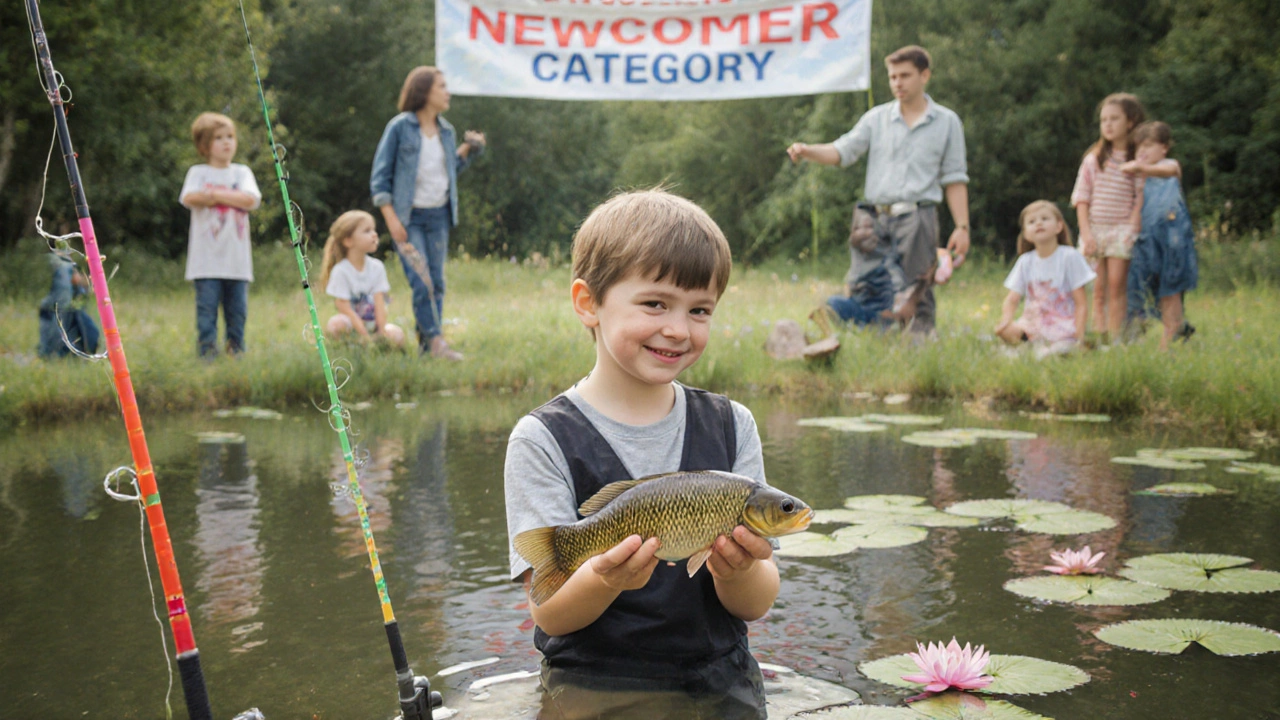 Новичок на турнире держит карпа, рядом — семьи и снасти, атмосфера дружелюбного соревнования.