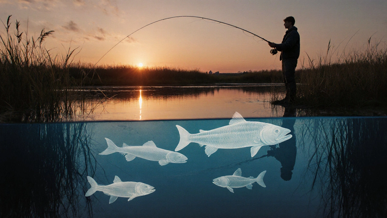 Рыбак на берегу пруда, под водой — прозрачные силуэты древних рыб в эволюционной цепи.