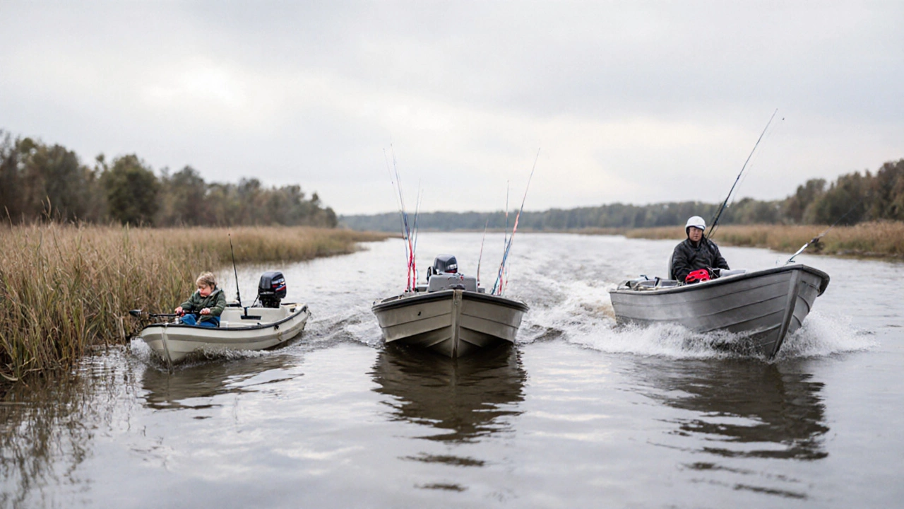 Три лодки с разной мощностью моторов: медленная, средняя и быстрая, на фоне российских водоёмов.