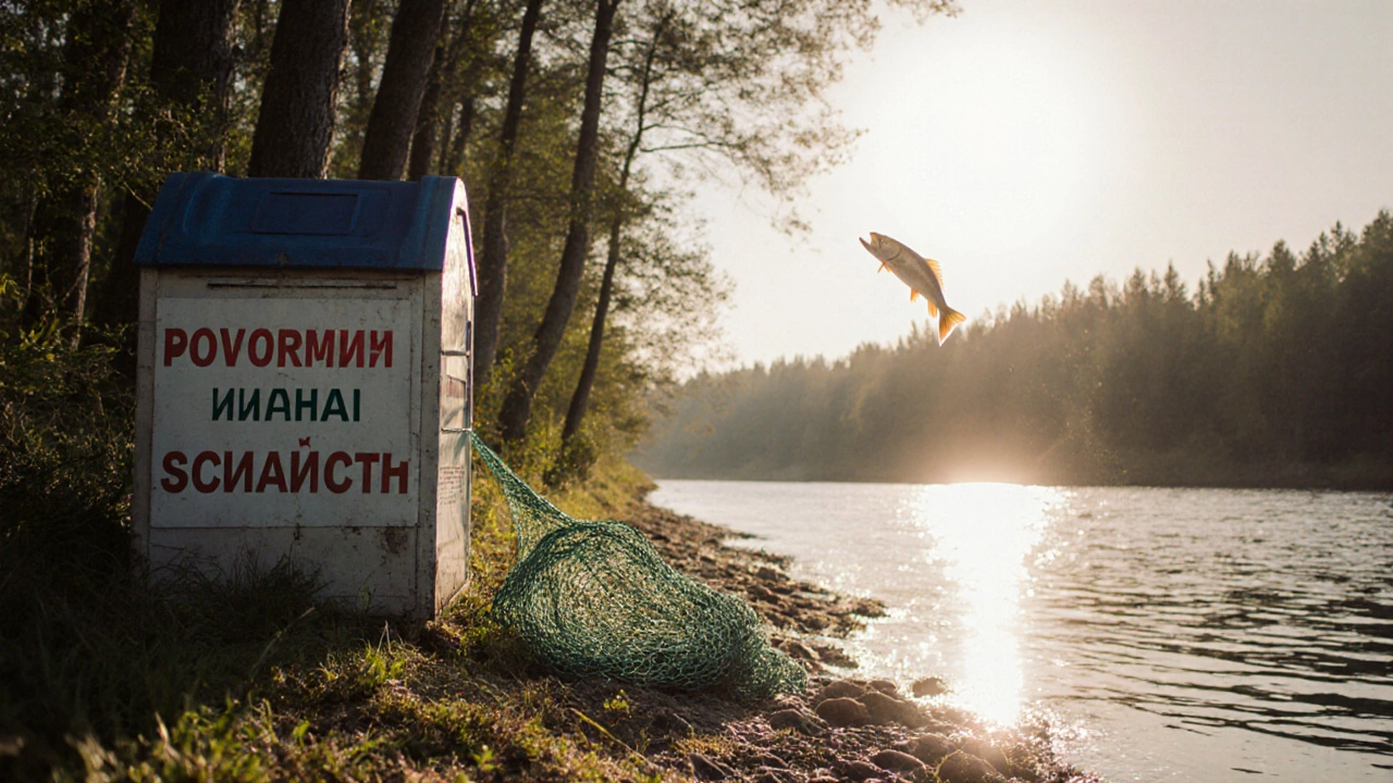 Брошенная сеть рядом с ящиком для сдачи незаконных снастей на берегу реки.