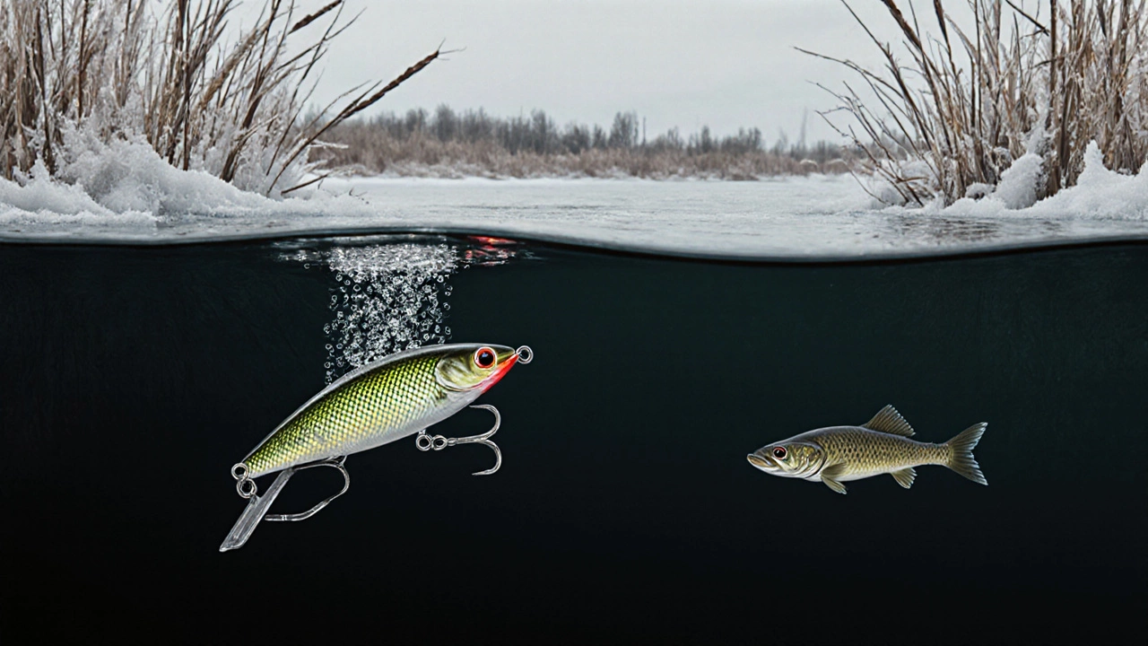 Джиг-приманка Rapala Jigging Rap висит в ледяной воде, а щука наблюдает снизу.