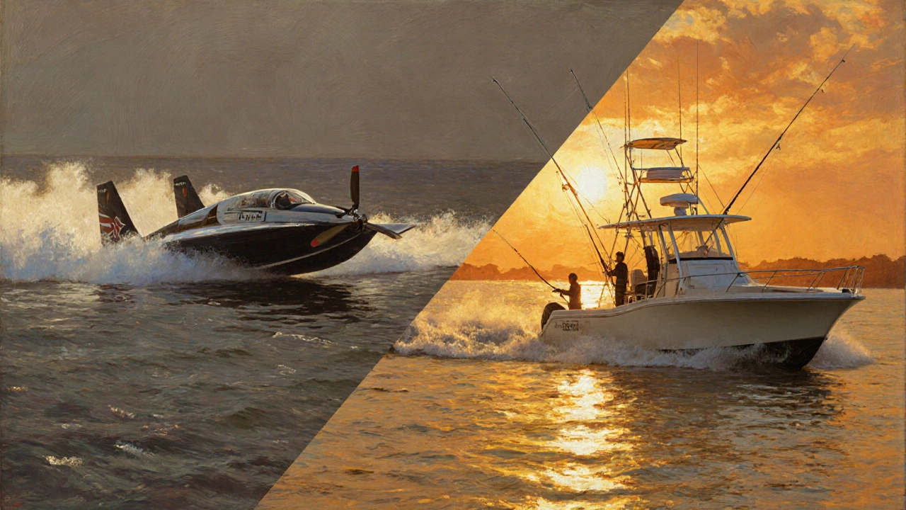 Контраст между рекордной гидропланом и современным рыболовным катером на закате.