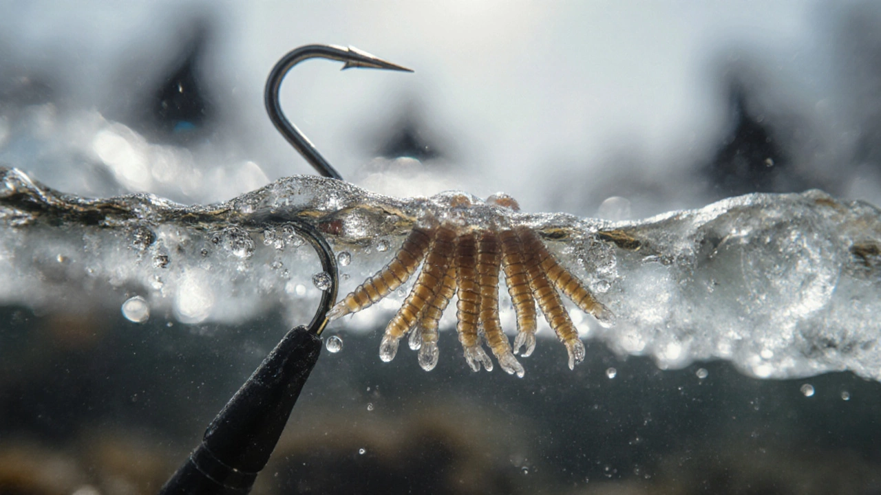 Крючок с 15 живыми мотылями и 3 опарышами в ледяной воде, рыба приближается.