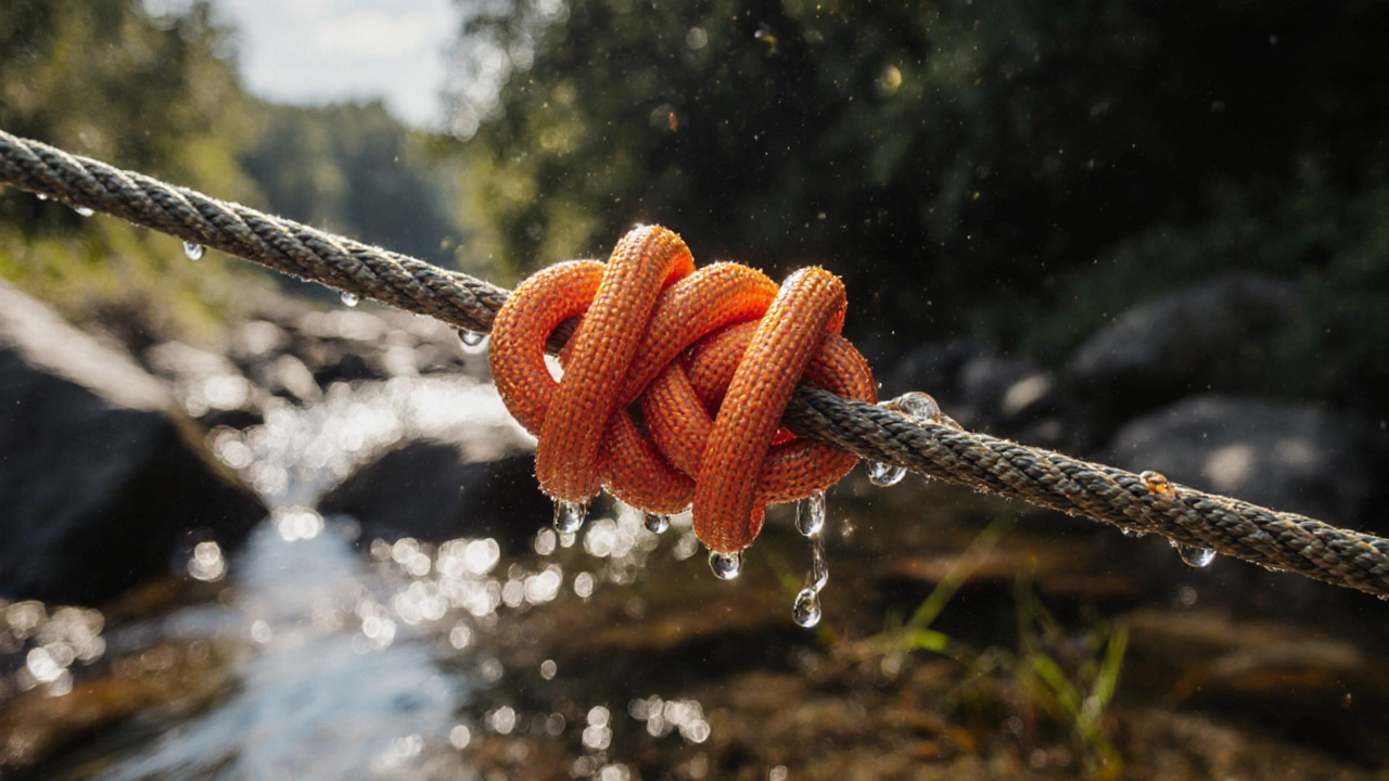 Крупный план оранжевого узла Прусика на рыболовной леске с каплями воды.