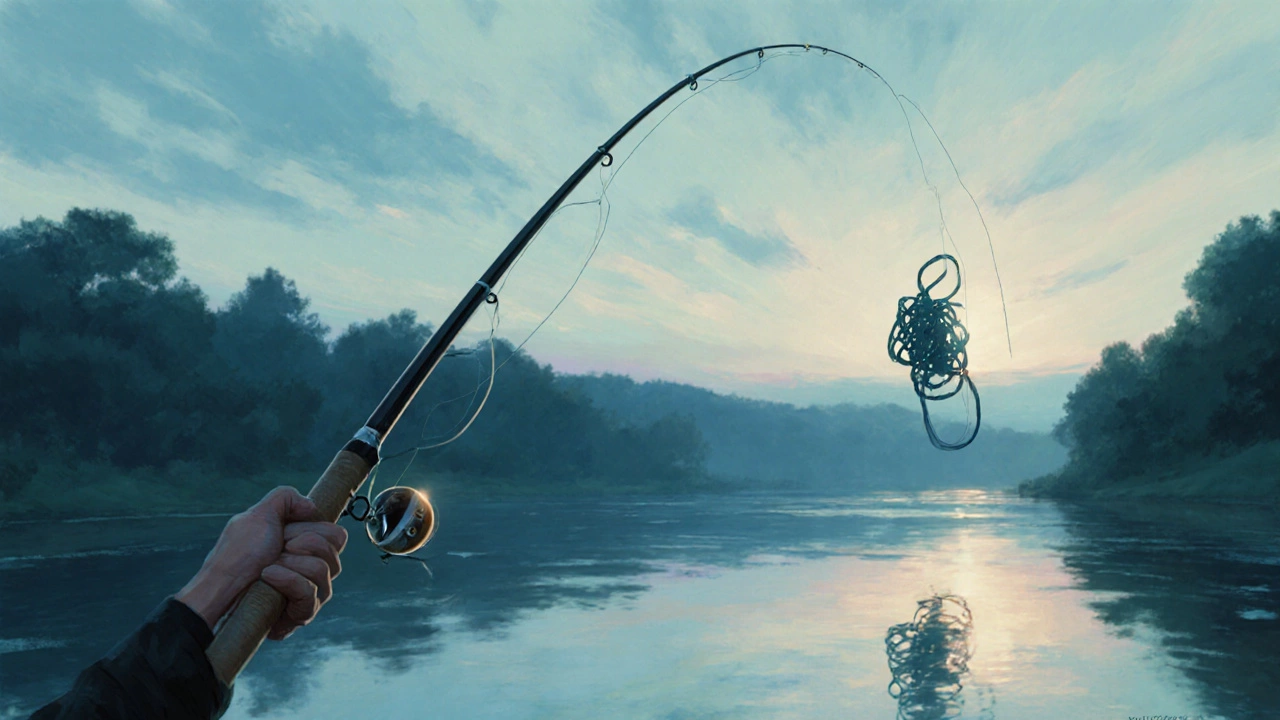 Леска с идеальным узлом летит к приманке, а громоздкий узел в виде призрака тянет её вниз.