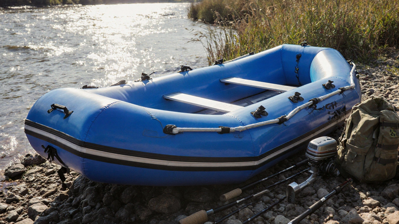 Надувная лодка из ПВХ на каменистом берегу с мотором и снастями.