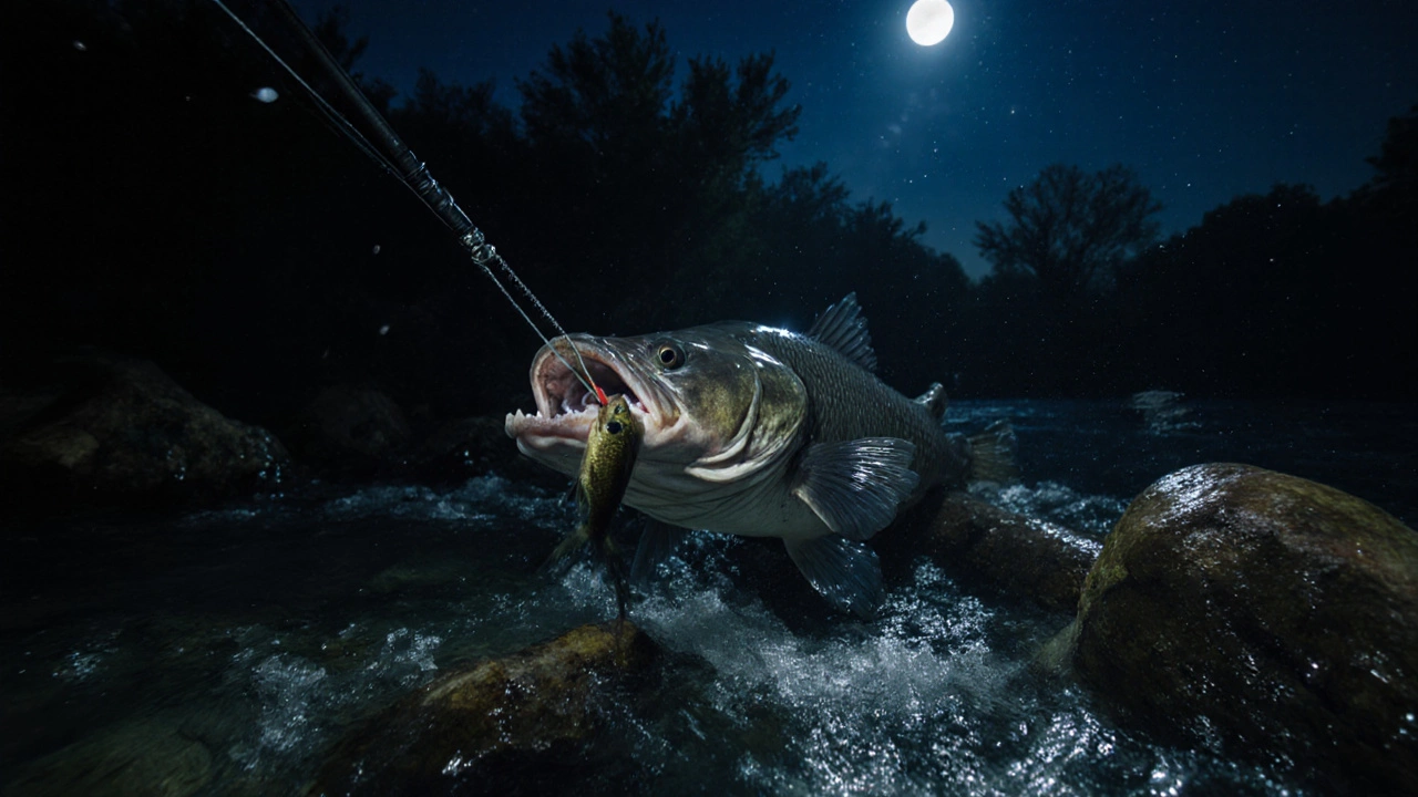 Ночная донка в тёмной реке, сом хватает живца в глубине под корягами.