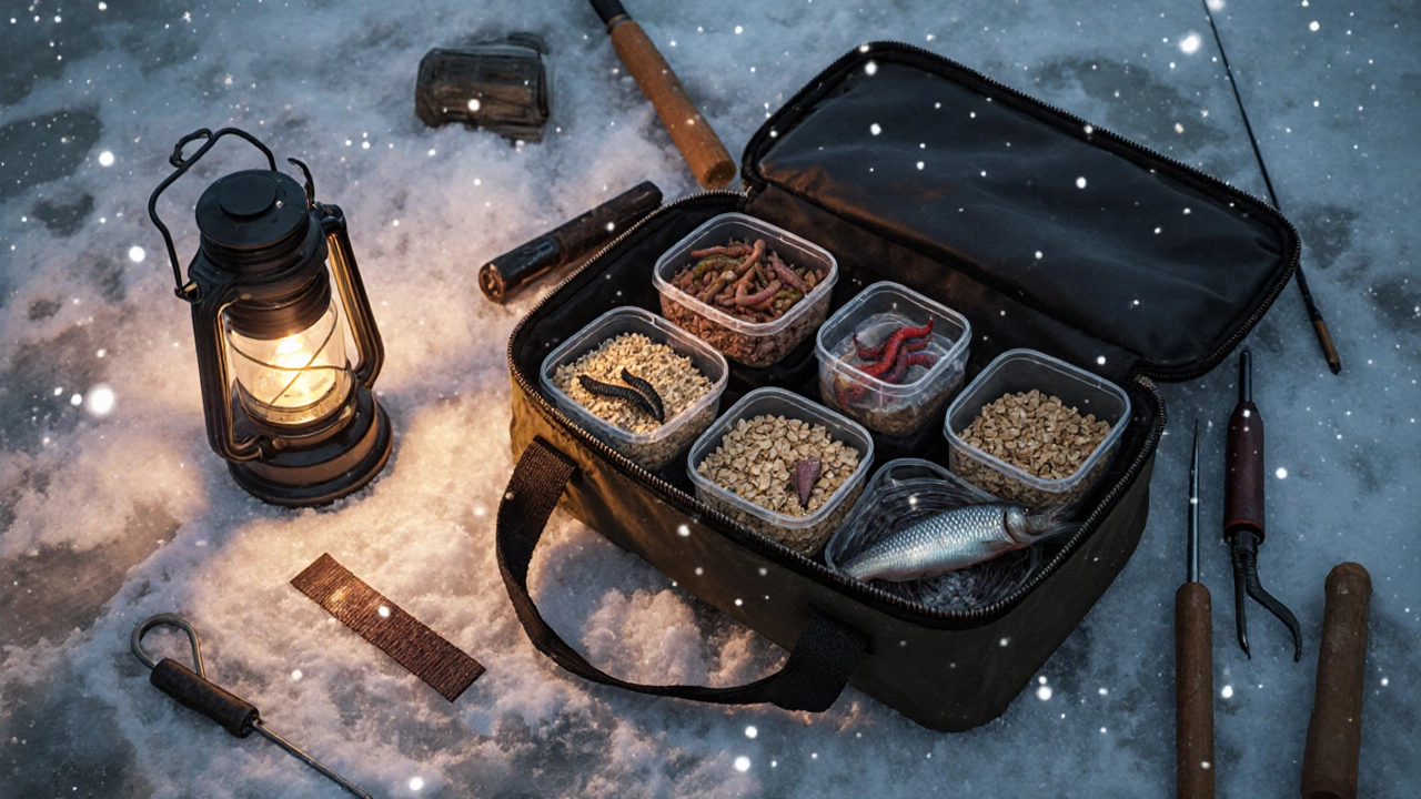 Открытая сумка с зимней наживкой: мотыль, опарыш, пшеница и живец на снегу.