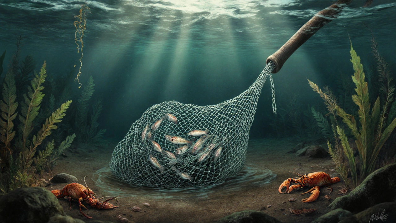 Подводная сеть с пойманными мелкими рыбами и поврежденной растительностью на дне реки.