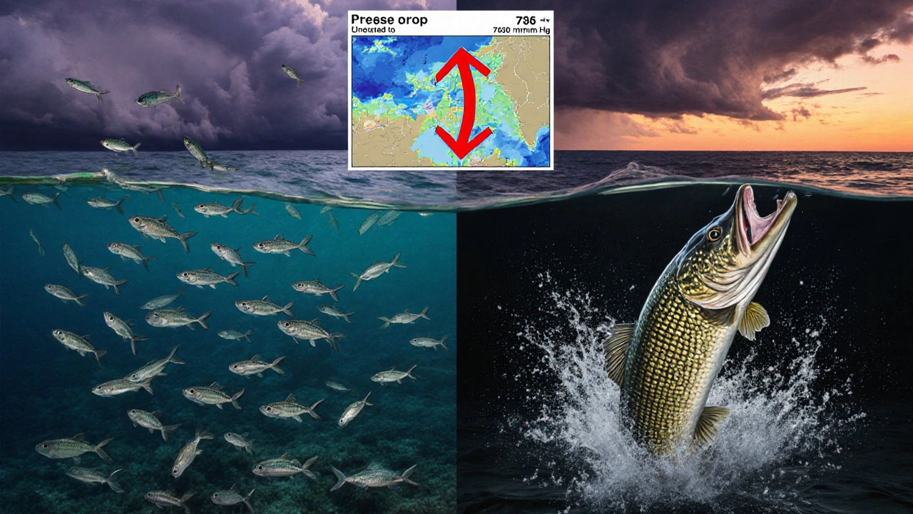 Разделённая сцена: мелкая рыба паникует, щука атакует, на фоне падение давления.