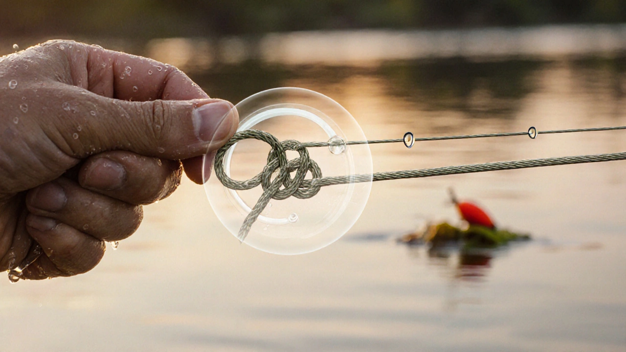 Рука завязывает компактный узел Клинч на монофильной леске с каплями воды.