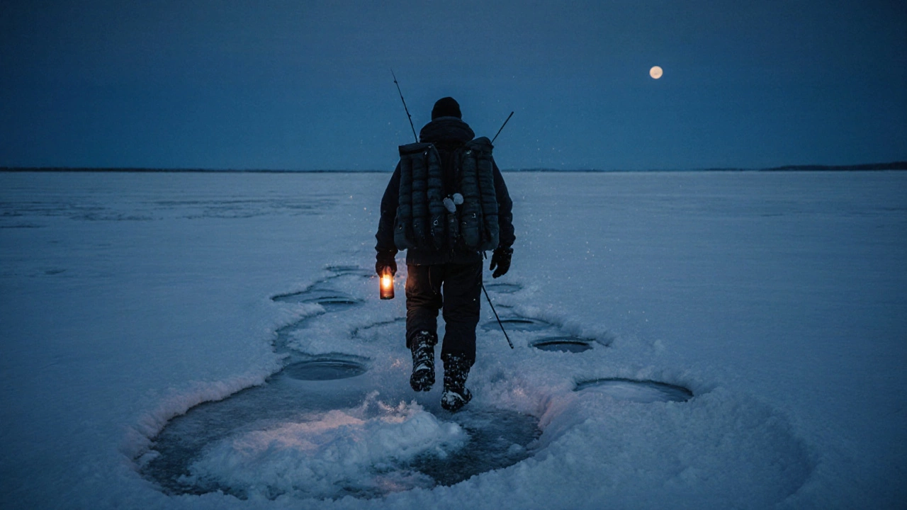 Рыбак идет по льду к активной лунке, за ним — следы и несколько просверленных отверстий, на фоне сумерек.