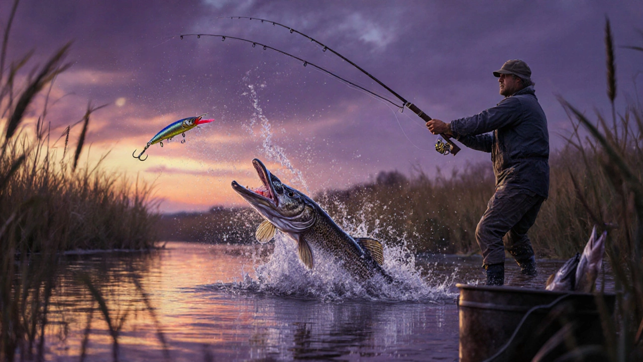 Рыбак ловит огромную щуку на реке Дон на закате, вода брызжет, на заднем плане — удочка и пойманные рыбы.