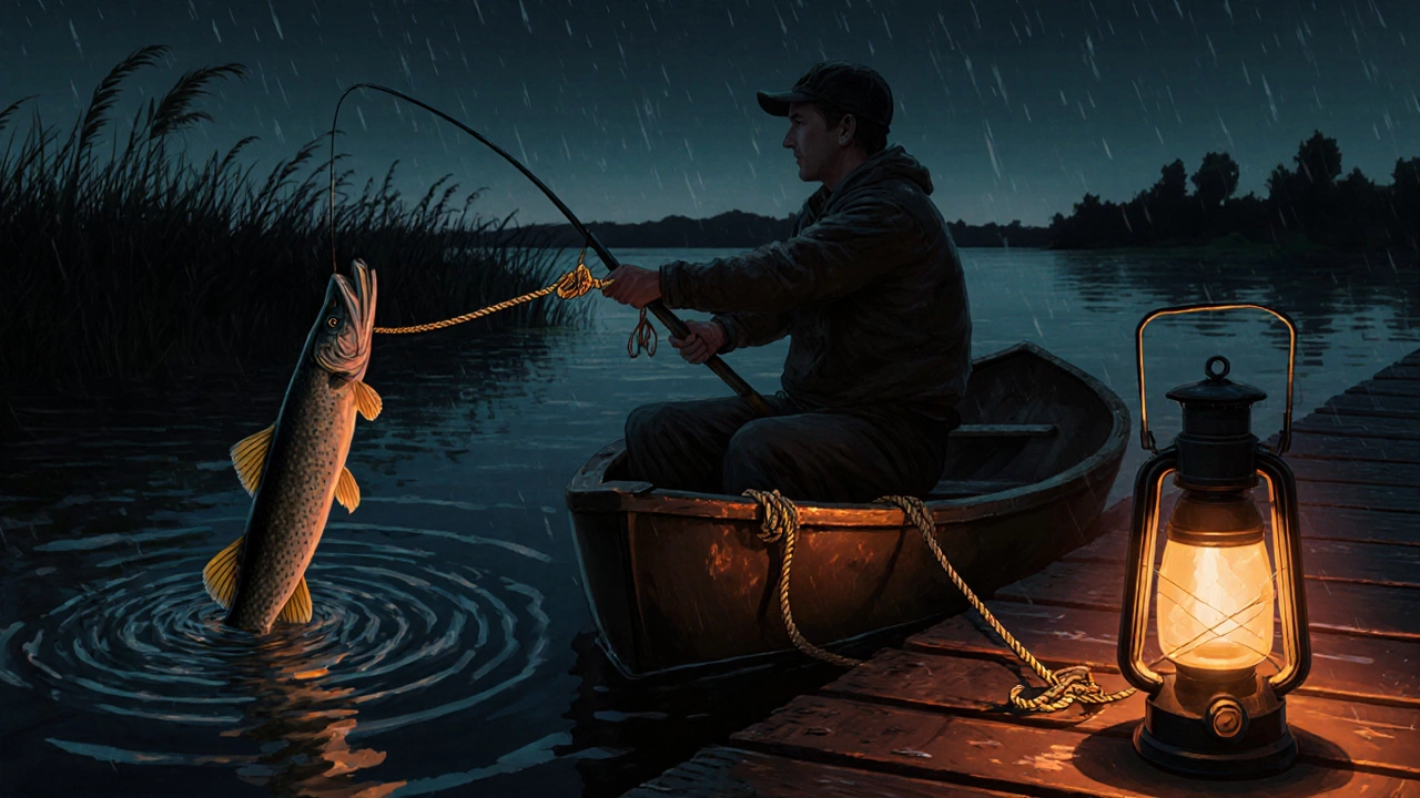 Рыбак в лодке крепит узел Прусика к борту для безопасного вываживания рыбы ночью.