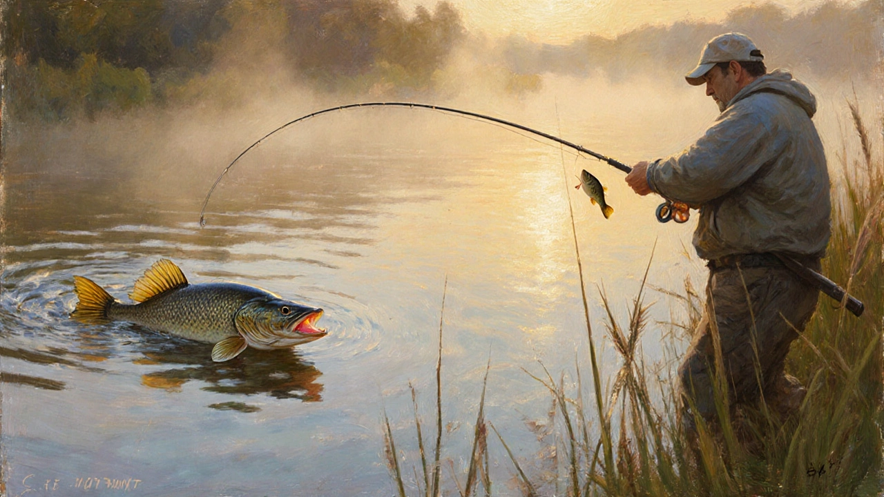 Рыбак забрасывает живую плотву на рассвете в тихую заводь реки Дон.