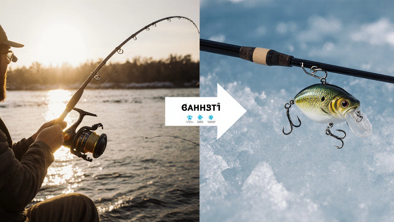 Сравнение летней и зимней снастей: спиннинг и мормышка.