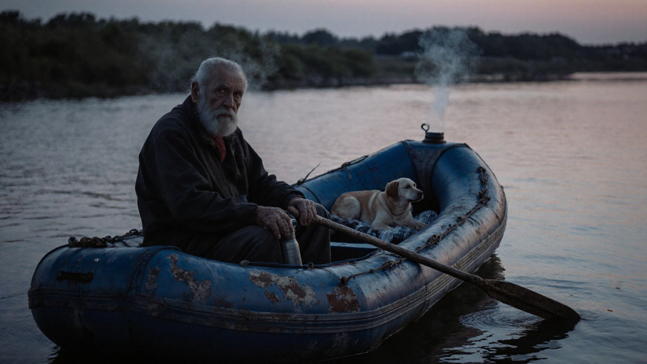 Старый рыбак на резиновой лодке в сумерках с термосом и собакой.