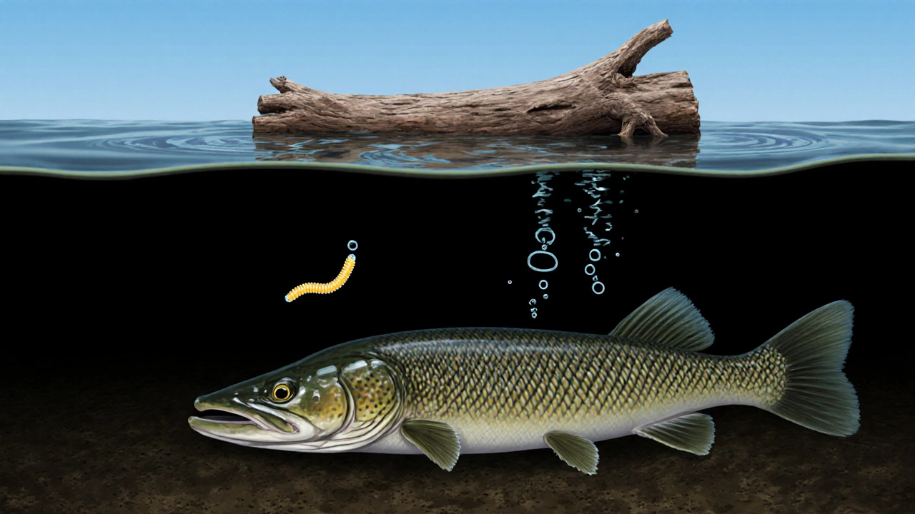 Щука в засаде под корягой в спокойной воде при высоком давлении.