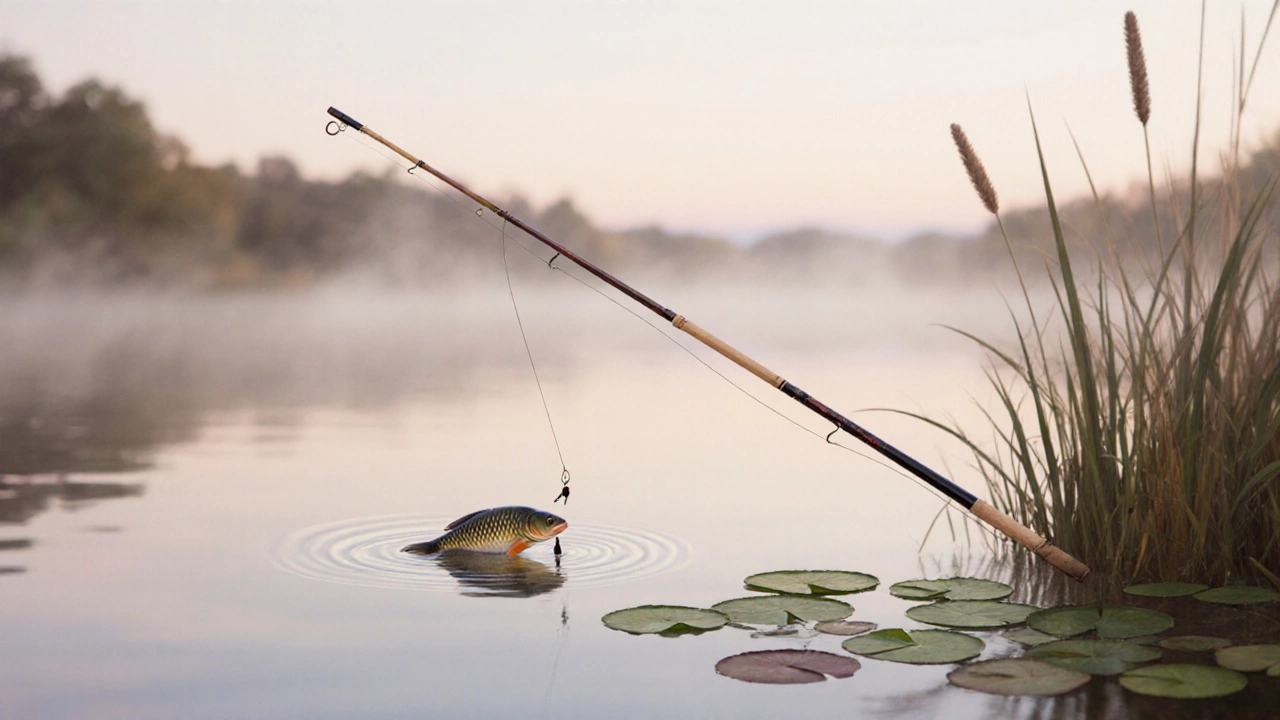 Тонкая поплавочная снасть на спокойном озере, карп осторожно клюёт на мотыля.