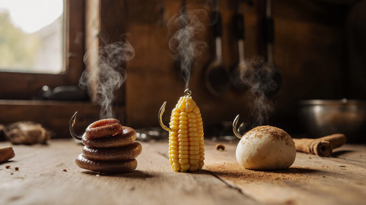 Три крючка с разными наживками: червь, кукуруза и тесто на деревянной поверхности.