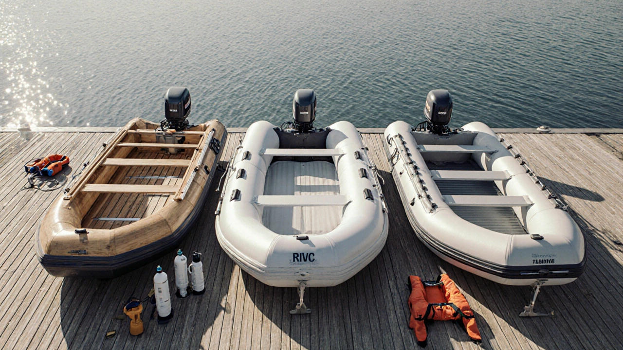 Три типа шлюпок для яхт: складная, надувная и жесткая, на берегу с снаряжением.