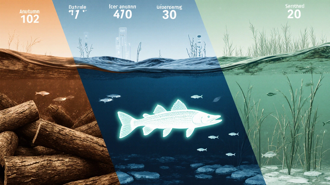 Три волны сезонного жора щуки: осень, поздняя осень, весна — сходятся в центре, где изображена щука.