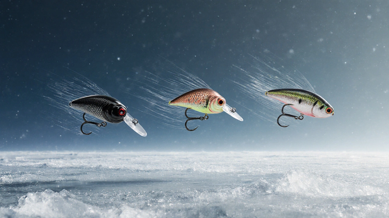 Три зимние приманки в воздухе над льдом: мормышка, блесна и живец.