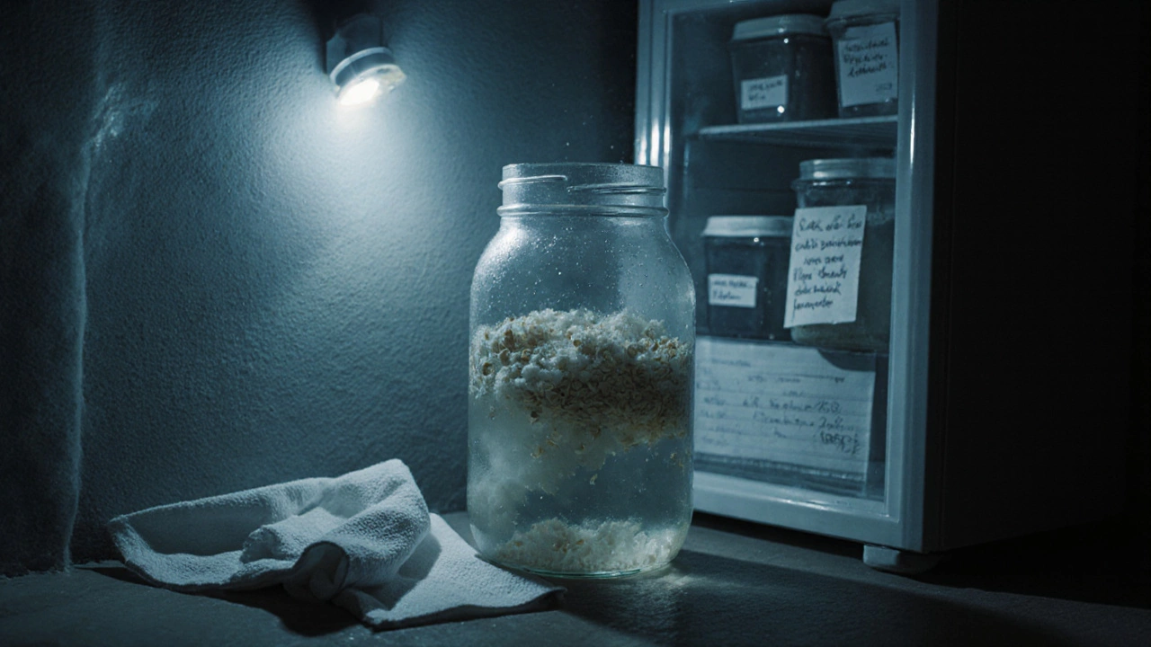 В подвале банка с личинками мотыля на фоне холодильника, влажная ткань и бумага рядом.