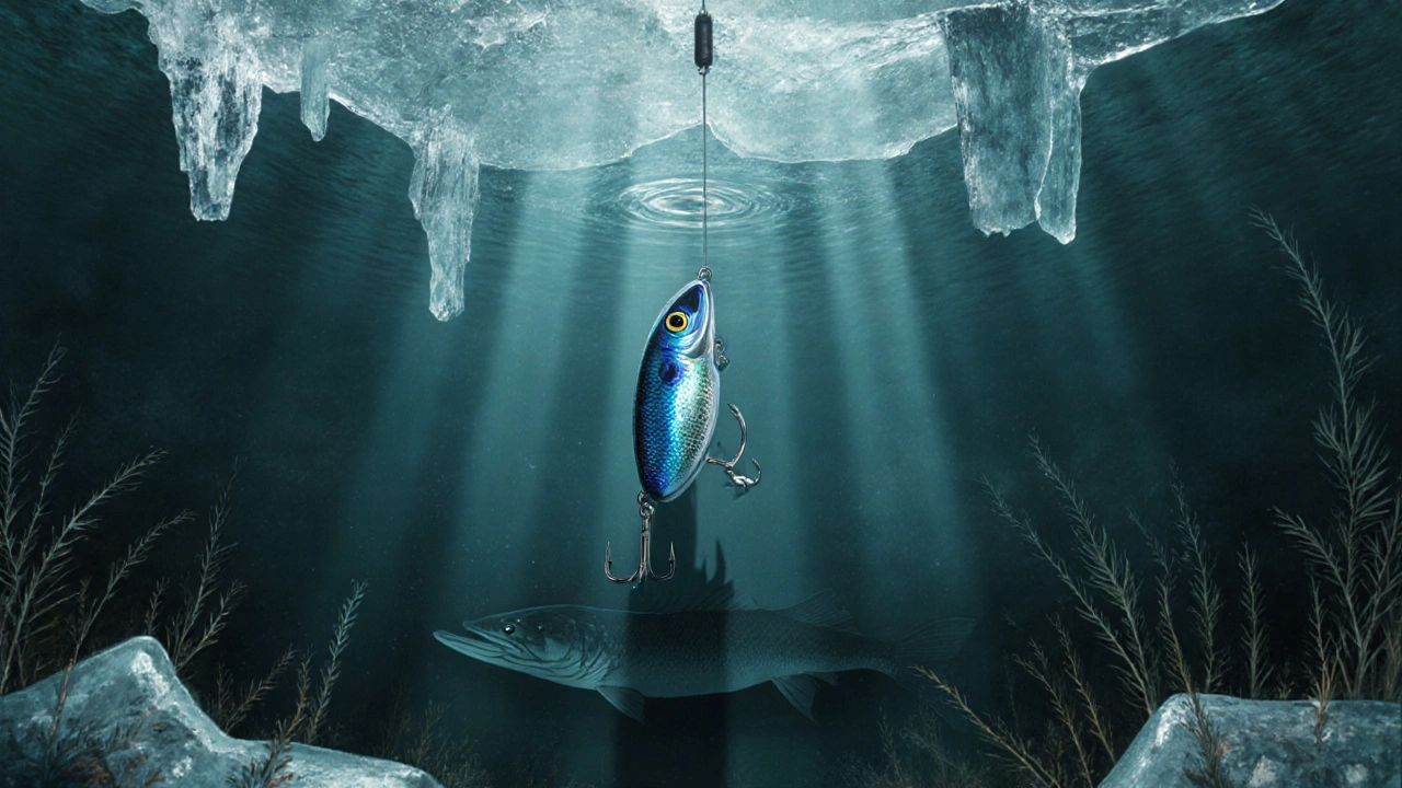 Вертикальная блесна опускается в воду подо льдом, в тени — щука.