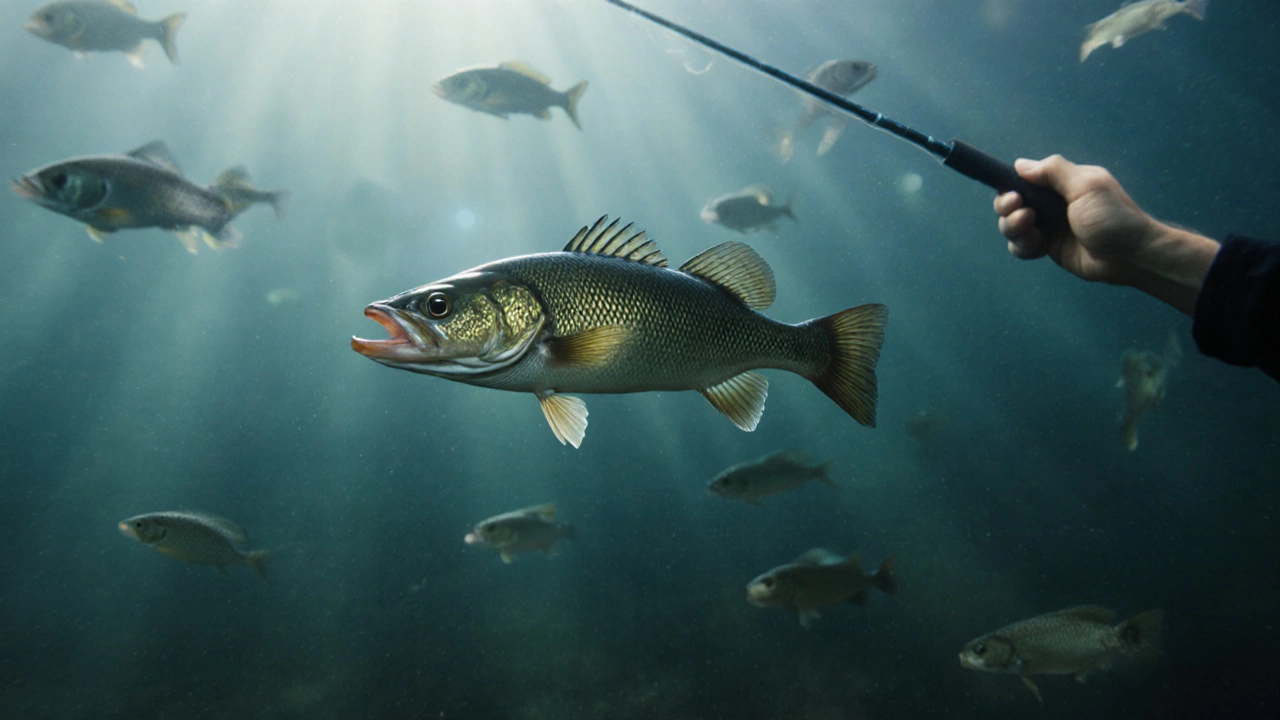 Вид щуки: в фокусе плотва, остальная рыба размыта, рука рыбака на заднем плане.