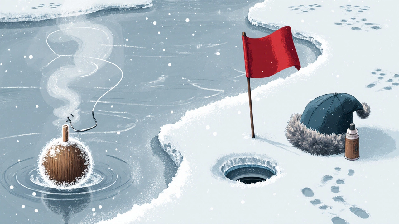 Зимняя рыбалка через лед: кружок и флажок на замерзшем озере.