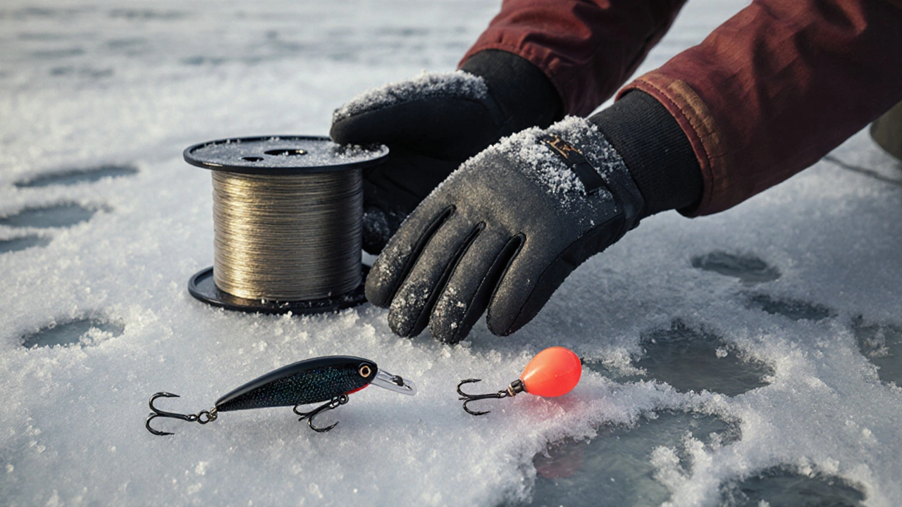 Зимние снасти на льду: мормышка, балансир, жесткий поплавок и термоперчатки, покрытые инеем.