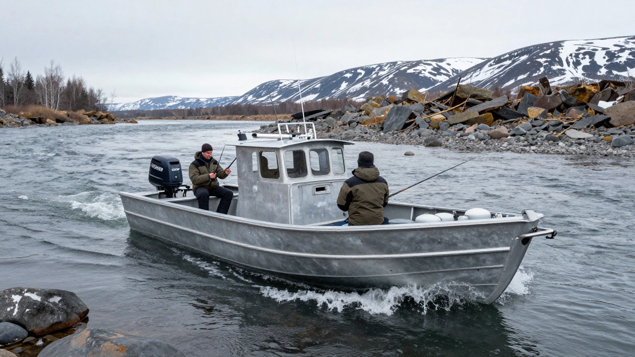 Алюминиевая лодка плывет по быстрой реке в Сибири с двумя рыбаками.