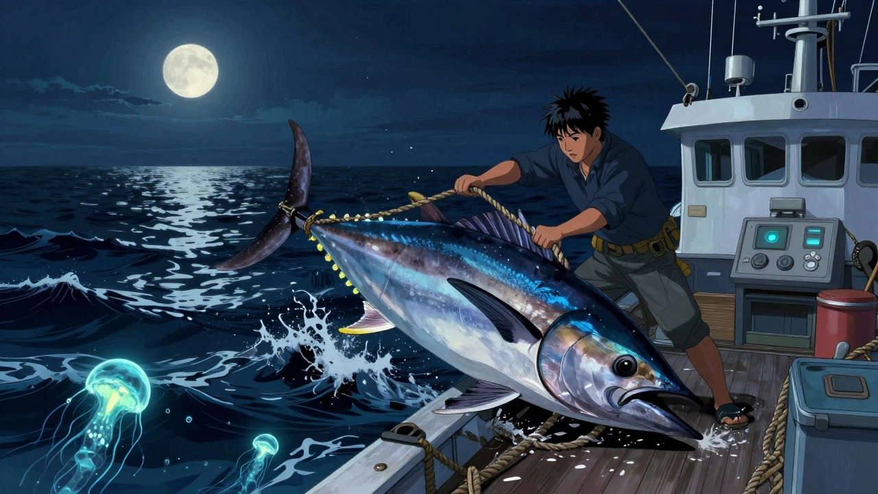 Японский рыбак борется с синим тунцом в открытом океане ночью