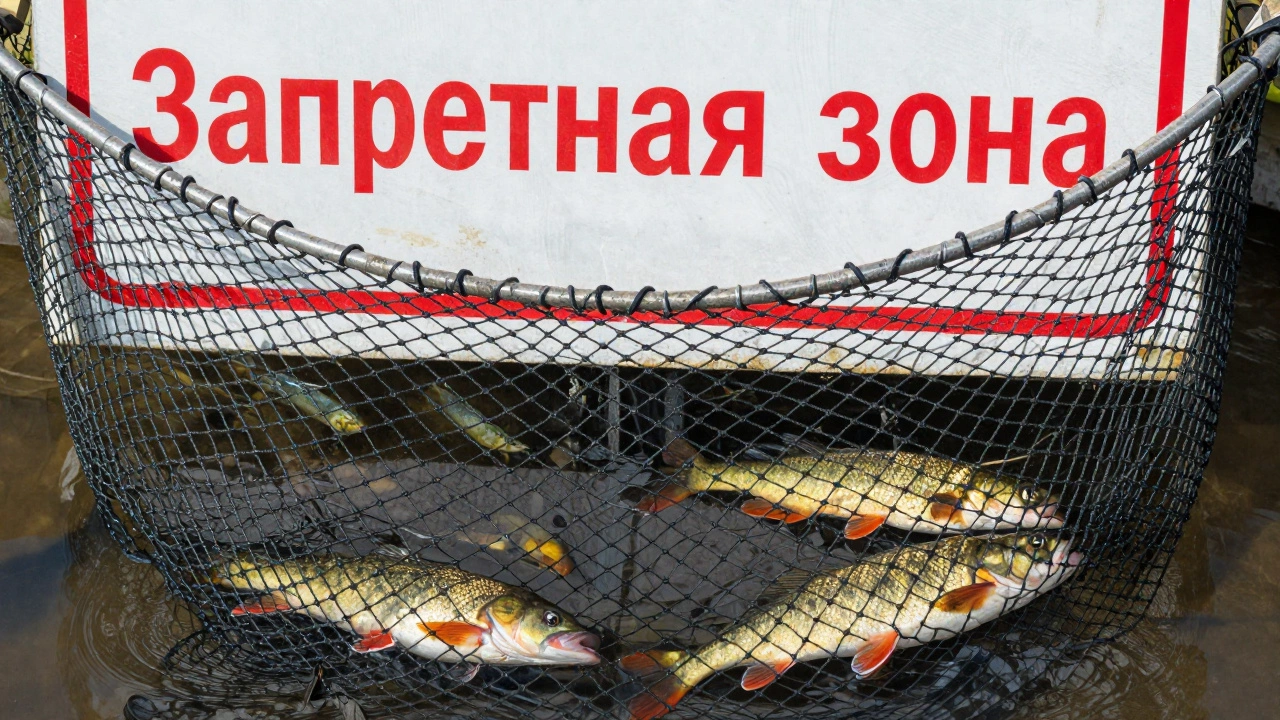 Близкий план рыболовной сети с ячейками 25 мм: мелкая рыба проходит, крупная поймана, на фоне запретная зона.