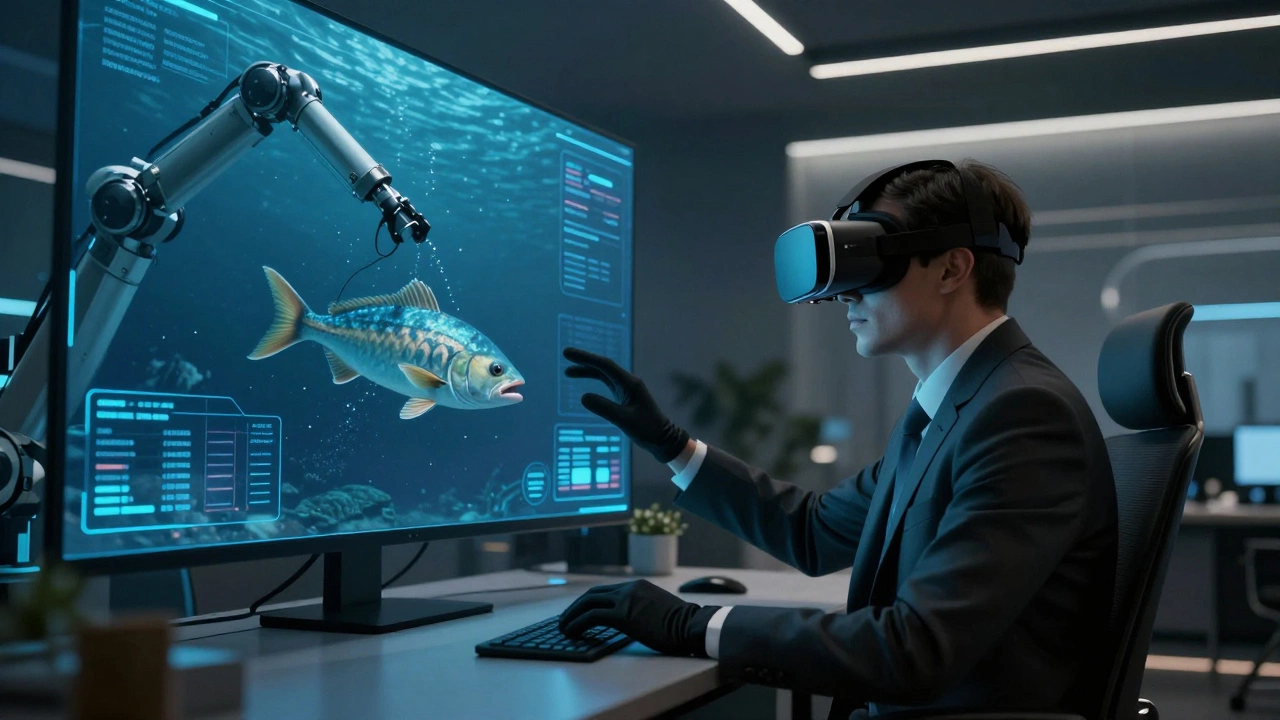 Человек в офисе управляет подводным роботом через виртуальную реальность для ловли рыбы.