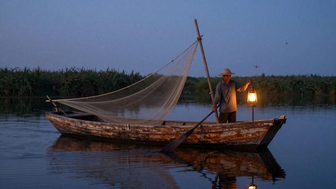Деревянная лодка-челнок тихо плывет по пруду на закате с рыбаком в веслах.