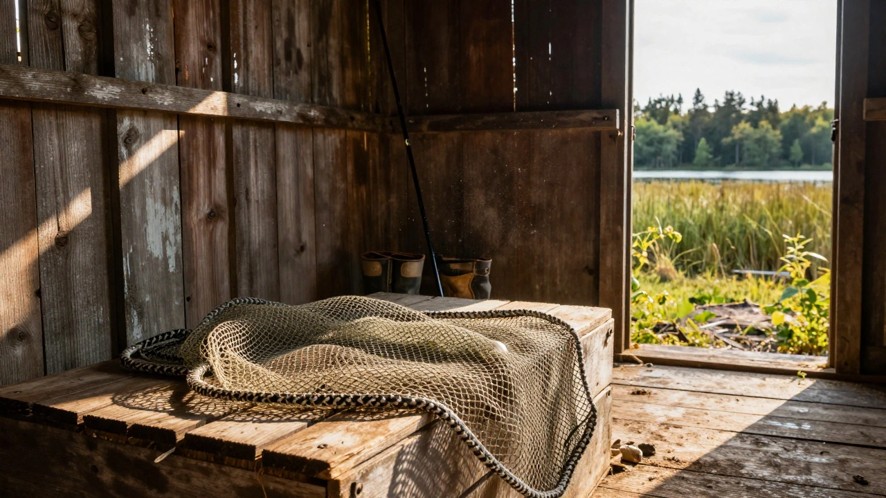 Деревянный сарай с разобранной сетью большого размера, солнечный свет, вид на охраняемую зону за дверью.