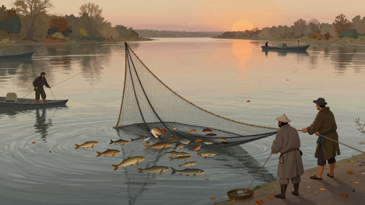 Два рыбака тянут невод по реке Дон, в сети — плотва и карась, осенние листья на воде.