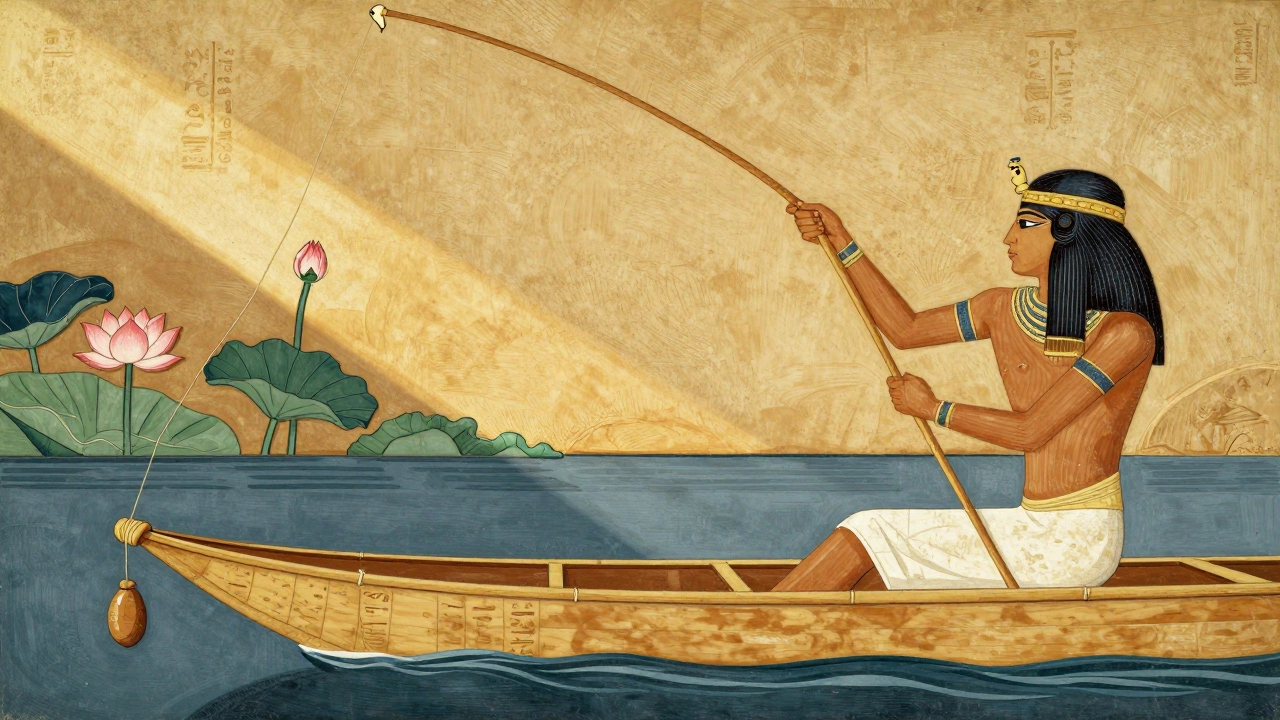 Египтянин ловит рыбу на Ниле с деревянной удочкой и костяным крючком.