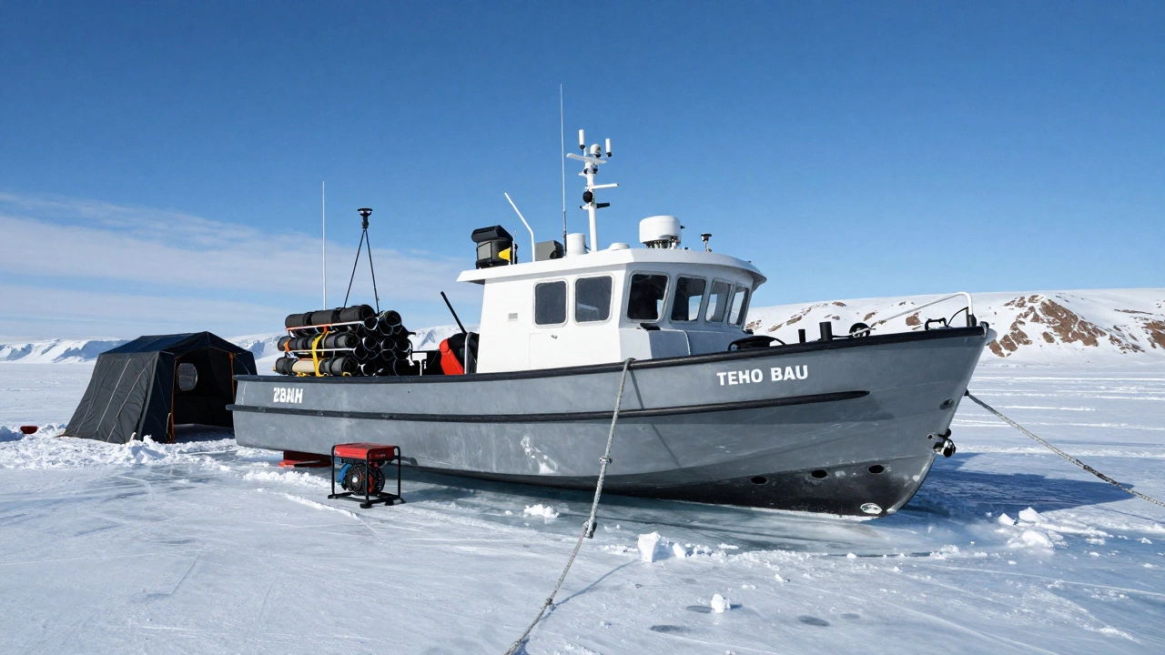 Экспедиционный катер на льду Байкала с ледобурами и переносными укрытиями.