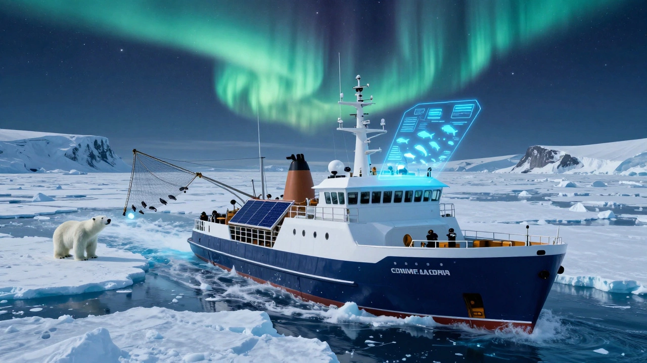 Футуристическое рыболовное судно в Арктике с солнечными панелями и ИИ-интерфейсом под северным сиянием.