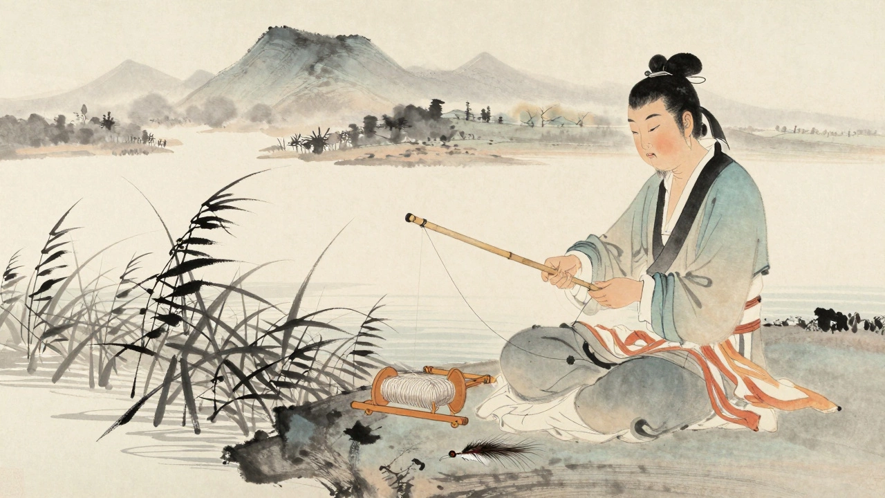 Китайский мастер наматывает шелковую леску на деревянную катушку.