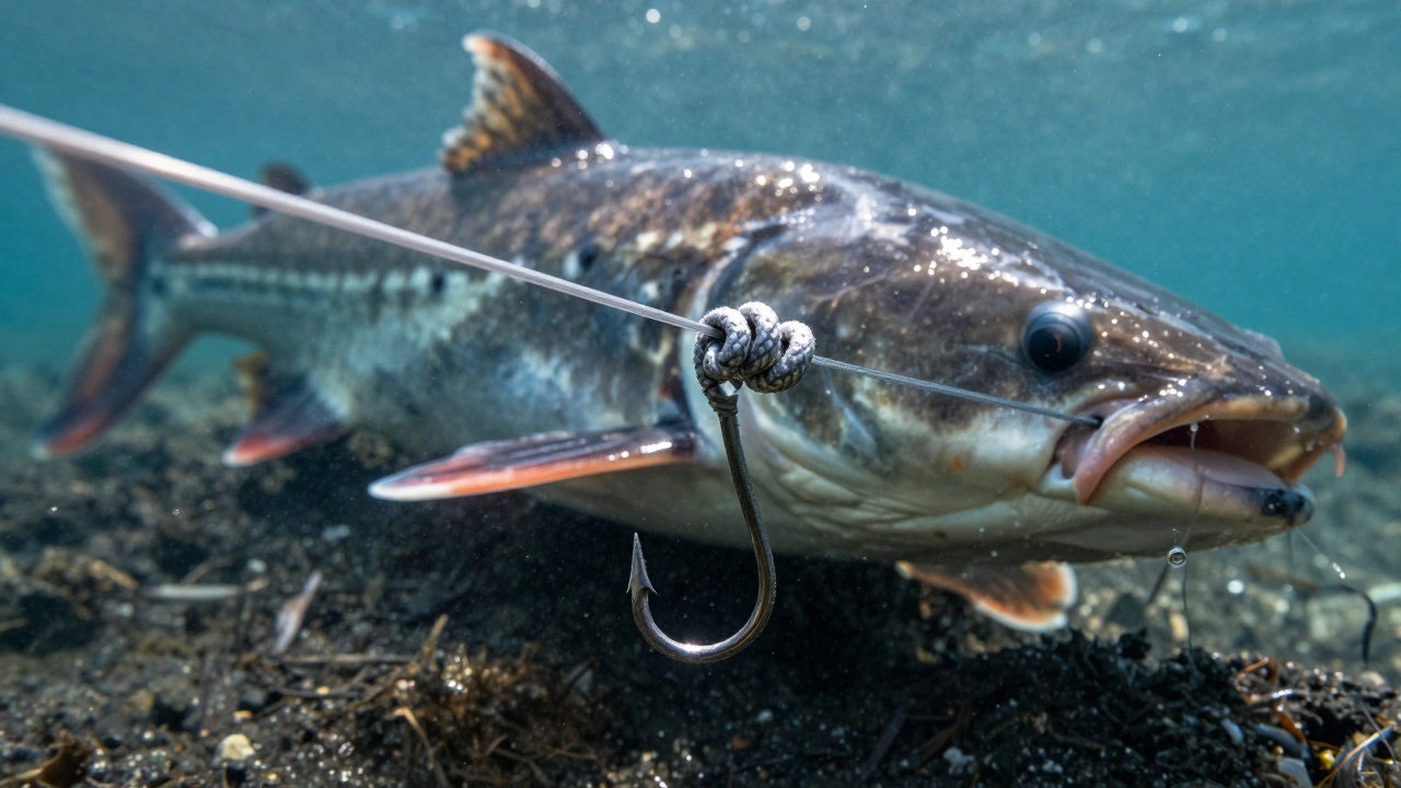 Крупный план улучшенного клинча на тонкой леске под нагрузкой.