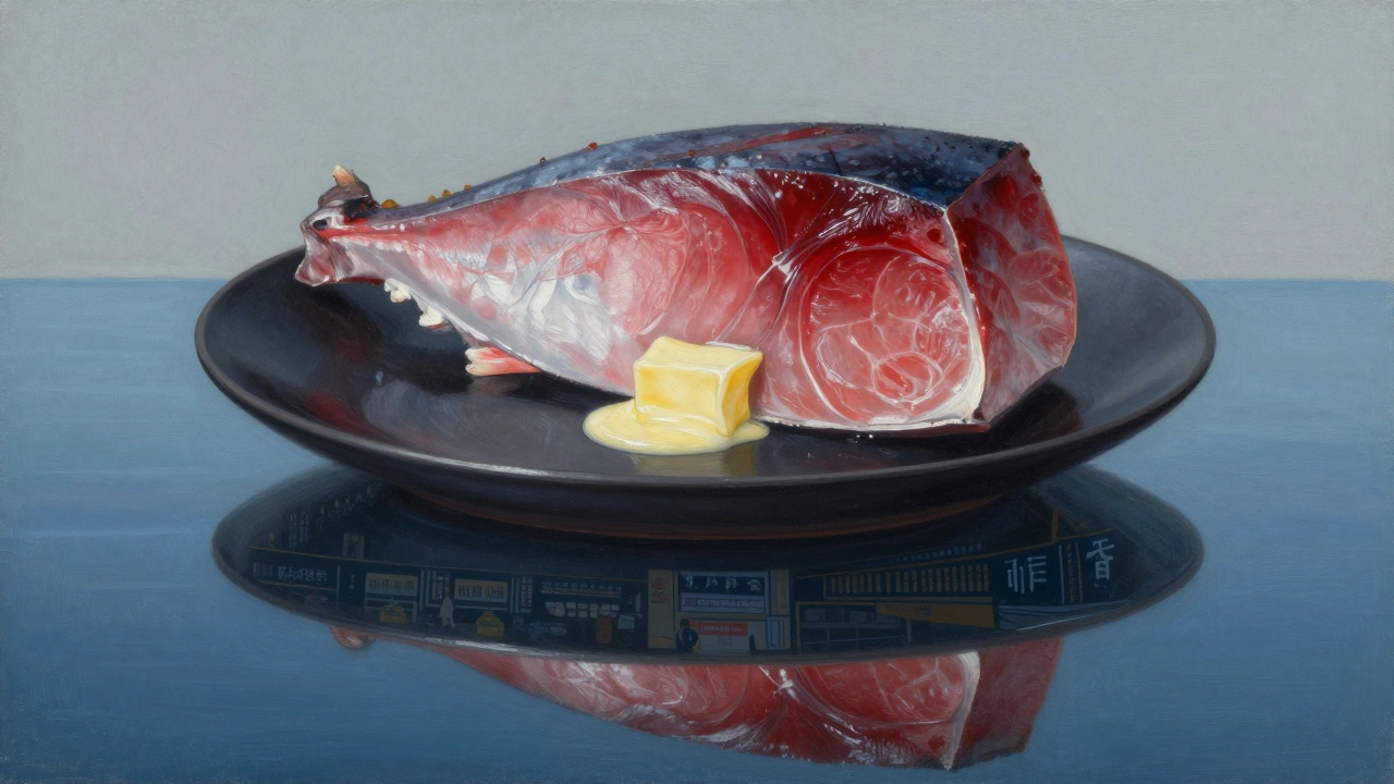 Кусочек отори на чёрной тарелке с отражением океана и аукциона