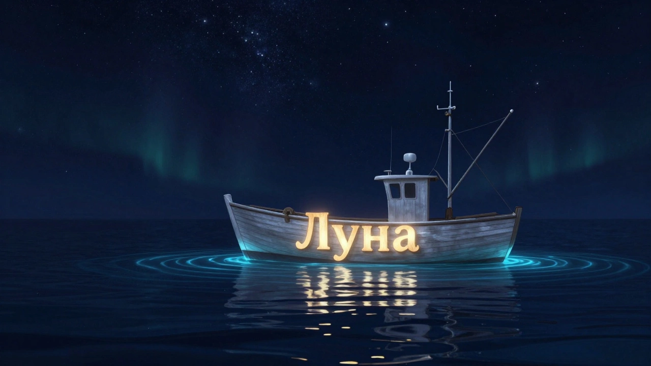 Лодка с названием 'Луна' плывет под звездным небом, оставляя светящиеся борозды.