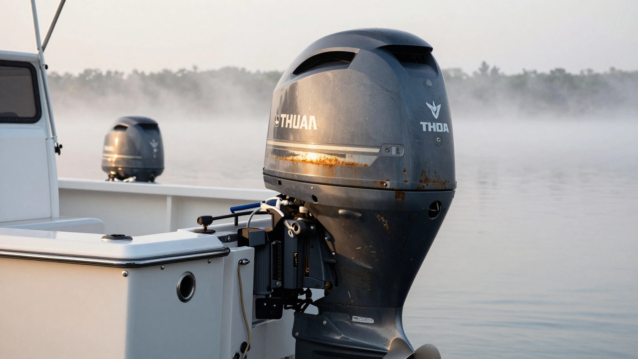 Морской мотор на корме рыболовного катера с электромотором на заднем борту.